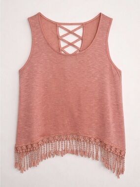 Crisscross Fringe Hem Sleeveless Top - Peach - size Small